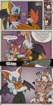 absurd_res anthro ardan_norgate bat blush bodily_fluids breasts canid canine clothed clothing comic covering covering_breasts dialogue female fox gesture hand_gesture heartbeat hi_res male mammal middle_finger miles_prower rouge_the_bat sega sonic_the_hedgehog_(series) speech_bubble sweat tails&#039;_bullies_(sonic_origins) topless topless_female