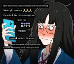  1girl bags_under_eyes black_hair blue_coat blush censored_text closed_mouth coat collared_shirt commentary english_commentary english_text francisco_mon glasses highres holding holding_phone long_hair long_sleeves looking_at_phone messy_hair mole mole_under_eye neck_ribbon nervous nose_blush original phone red_ribbon redaction ribbon round_eyewear shirt sweat sweatdrop umi_(francisco_mon) white_shirt 