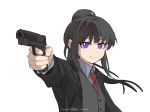  1girl black_hair black_jacket chinese_commentary closed_mouth collared_shirt commentary_request glaring grey_vest gun handgun highres holding holding_gun holding_weapon inoue_takina jacket long_hair long_sleeves looking_at_viewer lycoris_recoil necktie ponytail purple_eyes red_necktie shirt simple_background solo suit_jacket sunglasses upper_body vest waistcoat weapon white_background white_shirt yanlingjinshilihuahua 