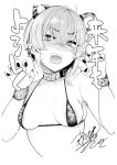  1girl absurdres ahoge akagi_asahito animal_ears blush breasts breasts_apart chinese_zodiac choker claw_pose crossed_bangs fangs fuha_mika greyscale hair_between_eyes hands_up happy_new_year highres looking_at_viewer monochrome original short_hair signature small_breasts solo string_bra sweatdrop teeth tiger_ears upper_body upper_teeth_only v-shaped_eyebrows wrist_cuffs year_of_the_tiger 