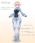  1girl absurdres animegao ballet_boots blonde_hair bodysuit breasts commentary_request cosplay covered_navel full_body gradient_background highres jian_xuanyuan kigurumi large_breasts looking_at_viewer mecha_musume original shiny_clothes short_hair skin_tight solo translation_request two-tone_background white_background yellow_background yellow_eyes 