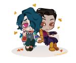  blush chibi drawing_(object) green_hair holding_hands hwei_(league_of_legends) jhin league_of_legends long_hair pink_eyes simple_background sitting yaoi 