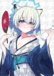  1girl animal_ears blue_archive bottle breasts green_hair hand_fan hanozuku holding holding_bottle holding_fan japanese_clothes kimono long_sleeves medium_breasts medium_hair obi official_alternate_costume paper_fan sash shigure_(blue_archive) shigure_(hot_spring)_(blue_archive) solo uchiwa weasel_ears white_kimono wide_sleeves yellow_eyes 