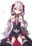  1girl bad_anatomy bad_id bad_pixiv_id black_dress black_gloves black_panties black_thighhighs closed_mouth dress falling_petals fang flower frilled_dress frills gloves hair_flower hair_ornament honkai_(series) honkai_impact_3rd long_hair nemir panties petals red_eyes red_flower red_rose rose simple_background skin_fang smile solo strapless strapless_dress theresa_apocalypse theresa_apocalypse_(luna_kindred) thighhighs twintails underwear very_long_hair white_background white_hair 