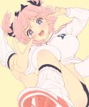  +_+ 1girl absurdres black_buruma blue_eyes bow breasts buruma double_v flower-shaped_pupils hair_bow hibari_(senran_kagura) highres jacket jumping kagan large_breasts leg_warmers light_blush looking_at_viewer midair open_mouth pink_hair pink_pupils ryou.r senran_kagura shoes short_hair short_twintails simple_background smile sneakers symbol-shaped_pupils track_jacket twintails v yellow_background 