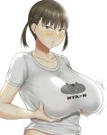  1girl absurdres blush breast_hold breasts brown_hair covered_nipples freckles grey_eyes highres huge_breasts looking_at_viewer original parted_lips plump poyonken print_shirt shirt short_sleeves short_twintails solo sweat twintails upper_body white_background white_shirt 