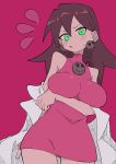  1girl absurdres bare_shoulders breasts brown_hair buzzlyears dress earrings glowing glowing_eyes green_eyes highres jewelry lab_coat large_breasts medium_hair mega_man_(series) mega_man_legends_(series) pink_background pink_dress simple_background solo tron_bonne_(mega_man) 