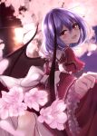  1girl :d absurdres adapted_costume back_bow backlighting bat_wings blue_hair blurry blurry_background blush bow cherry_blossoms commentary_request depth_of_field eyelashes fang frilled_shirt_collar frilled_sleeves frills from_behind hair_between_eyes happy head_tilt highres hoshikage_syo juliet_sleeves lantern long_sleeves looking_at_viewer looking_back medium_hair night no_headwear open_mouth outdoors paper_lantern puffy_sleeves red_eyes red_shirt red_skirt remilia_scarlet shirt skirt skirt_hold sleeve_bow smile solo touhou tree tsurime white_bow wide_sleeves wings 