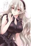  1girl black_dress black_hairband blush breasts cleavage closed_mouth collared_dress corrin_(female)_(fire_emblem) corrin_(fire_emblem) dress fire_emblem fire_emblem_fates frilled_dress frills hair_between_eyes hairband hand_up heart highres kirishima_riona medium_breasts mole mole_under_mouth red_eyes sleeveless sleeveless_dress smile solo translation_request white_background 