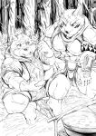 abs anthro asakura_kento bear bottomwear canid canine canis clothing cooking_pot crave_saga duo gabu_(crave_saga) hakuma_(crave_saga) hi_res line_art loincloth male mammal muscular muscular_anthro pecs slightly_chubby wolf