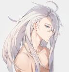  1boy ahoge blue_eyes hair_over_one_eye highres huge_ahoge kawamaki_uni long_hair merkava_(under_night_in-birth) simple_background solo spoilers under_night_in-birth under_night_in-birth_2_sys:celes upper_body very_long_hair white_background white_hair 