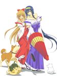  animal bare_shoulders blonde_hair blue_hair collarbone dog fujimaru_(kinakomucch) full_body hakama himemiya_chikane japanese_clothes kannazuki_no_miko kurusugawa_himeko long_hair multiple_girls oriental_umbrella red_hakama sandals shoes_removed umbrella very_long_hair walking white_background 