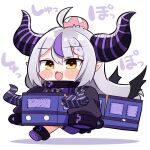  1girl ahoge blush crossed_bandaids demon_horns grey_hair hair_between_eyes head_bump hololive horns la+_darknesss long_hair long_sleeves multicolored_hair nabe_(nabe_otome) open_mouth pointy_ears purple_hair sleeves_past_wrists smile solo streaked_hair striped_horns virtual_youtuber yellow_eyes 