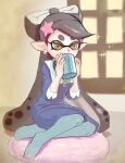  1girl alternate_costume black_hair blue_dress blue_pantyhose bow-shaped_hair callie_(splatoon) cup dress drinking eyelashes full_body hair_ornament highres holding holding_cup indoors long_hair pantyhose pillow pointy_ears sitting sitting_on_pillow solo sparkle splatoon_(series) star-shaped_pupils star_(symbol) star_hair_ornament symbol-shaped_pupils tentacle_hair thick_eyebrows tombiham yellow_eyes 