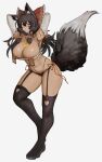  1girl animal_ear_fluff animal_ears armpits arms_behind_head ascot black_hair black_panties black_thighhighs blush bow breasts clothing_cutout commentary contrapposto detached_sleeves english_commentary fox_ears fox_girl full_body garter_straps grey_background hair_bow hair_tubes hakurei_reimu heart_cutout highres large_breasts long_hair looking_at_viewer ofuda panties red_bow sidelocks simple_background solo thighhighs tomatolover16 touhou underwear yellow_ascot 