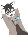 anthro black_and_white_fur canid canine canis chibi clothing coat cute_fangs domestic_dog eyes_closed eyewear glasses hi_res humor lifewonders male mammal masanori nikukyu299paw scarf solo tokyo_afterschool_summoners topwear