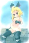  1girl 5pb. blonde_hair blue_eyes blush bow bravely_default:_flying_fairy breasts edea_lee elbow_gloves gloves hair_bow hair_ornament hand_on_belly hand_on_own_stomach hand_on_stomach large_bow navel nipples no_panties pregnant ribbon sad short_hair small_breasts solo thighhighs topless 