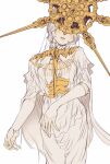  1girl absurdres blush cowboy_shot dark_souls_(series) dark_souls_i dark_sun_gwyndolin detached_sleeves dress genderswap genderswap_(mtf) gold_headwear grey_hair highres layered_dress short_hair short_sleeves simple_background solo spiked_helmet teeth white_background zunkome 