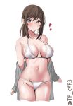  1girl alternate_breast_size bikini blue_eyes breasts brown_hair fubuki_(kancolle) grey_jacket highres jacket kantai_collection large_breasts low_ponytail medium_hair navel one-hour_drawing_challenge open_clothes open_jacket parted_lips short_ponytail simple_background solo swimsuit tf_cafe twitter_username white_background white_bikini 