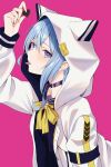  1girl 3ki9709 absurdres animal_hood blue_eyes blue_hair box cat_hood chocolate choker food hair_between_eyes heart-shaped_box highres holding holding_chocolate holding_food hololive hood hoodie hoshimachi_suisei hoshimachi_suisei_(school_uniform) official_alternate_costume pink_background solo star_(symbol) star_in_eye symbol_in_eye tongue tongue_out virtual_youtuber 