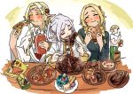  4girls biting black_shirt blonde_hair blush braid bread breasts burger character_request check_copyright chewing chips_(food) closed_eyes commentary condensation copyright_request cup dessert drink drinking_straw dungeon_meshi ear_blush eating elf flower food food_on_face fork french_fries frieren gelatin grey_hair gym_uniform hair_flower hair_ornament hair_ribbon highres holding holding_burger holding_cup holding_food holding_fork holding_knife holding_pizza holding_utensil ice_cream kitchen_knife knife large_breasts long_hair long_sleeves macaron marcille_donato momo_no_suidou-sui multiple_girls parted_bangs pizza pizza_slice plate pointy_ears potato_chips red_ribbon ribbon robe shirt short_hair short_sleeves smile soup sousou_no_frieren steak sweatdrop table twin_braids twintails white_background white_robe white_shirt wide_sleeves 