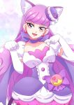  1girl animal_ears bow_choker breasts cake_hair_ornament cat_ears cat_tail choker cure_macaron earrings elbow_gloves extra_ears food-themed_hair_ornament gloves hair_ornament highres jewelry kirakira_precure_a_la_mode long_hair looking_at_viewer macaron_hair_ornament magical_girl medium_breasts momotarouooi paw_pose pom_pom_(clothes) pom_pom_earrings precure purple_choker purple_eyes purple_hair purple_tail ribbon_choker smile solo tail upper_body white_gloves 