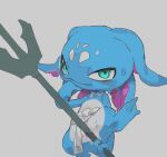 ambiguous_gender anthro biped blue_body fizz_(lol) grey_background holding_trident league_of_legends looking_at_viewer raised_leg ramssa riot_games simple_background slit solo white_body yordle
