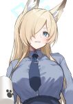  1girl absurdres animal_ear_fluff animal_ears blonde_hair blue_archive blue_eyes blue_halo blue_necktie blue_shirt blue_skirt breasts collared_shirt cup dog_ears dog_girl hair_over_one_eye halo highres holding holding_cup kanna_(blue_archive) large_breasts long_hair looking_at_viewer mug necktie nemun_(tamizzz) parted_bangs paw_print police police_uniform sharp_teeth shirt shirt_tucked_in simple_background skirt solo teeth uniform upper_body white_background 