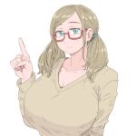  1girl blue_eyes breasts brown_hair cleavage glasses index_finger_raised long_hair original puuyan red-framed_eyewear simple_background smile solo sweater twintails upper_body white_background 