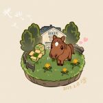  animal_focus box cardboard_box chibi dandelion dated eating flower grass grass_wonder_(racehorse) horse no_humans okada_manabi real_life signature simple_background stable tree 