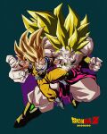  1990s_(style) 2boys abs absurdres battle blonde_hair blue_footwear blue_shirt boots broly_(dragon_ball_z) clenched_teeth copyright_name dougi dragon_ball dragon_ball_z earrings full_body highres hoop_earrings jewelry large_pectorals long_hair male_focus multiple_boys muscular muscular_male necklace no_eyebrows no_pupils oharu2000 pants pectorals punching retro_artstyle sash shirt short_sleeves simple_background size_difference son_goku spiked_hair super_saiyan super_saiyan_3 teeth topless_male toriyama_akira_(style) torn_cloth white_pants wristband 