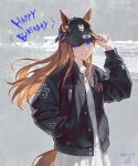  1girl animal_ears baseball_cap birthday black_headwear black_jacket blue_eyes brown_hair dated dress ears_through_headwear grass_wonder_(umamusume) hand_in_pocket happy_birthday hashtag_only_commentary hat highres horse_ears horse_girl horse_racing_track horse_tail jacket long_hair looking_at_viewer official_alternate_costume okada_manabi signature smile solo tail umamusume umayuru white_dress 