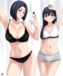  2girls arm_behind_back arm_up armpits ass_visible_through_thighs bare_arms bare_shoulders black_bra black_hair black_panties blush boku_no_kokoro_no_yabai_yatsu bra breasts brown_eyes cellphone cleavage closed_mouth collarbone commentary contrapposto cowboy_shot fingernails grey_shorts groin highres holding holding_phone lace lace-trimmed_bra lace-trimmed_panties lace_bra lace_panties lace_trim large_breasts long_fingernails long_hair looking_at_viewer mole mole_on_breast mole_on_neck mole_on_stomach mole_on_thigh mother_and_daughter multiple_girls multiple_moles navel panties phone short_hair short_shorts shorts signature smartphone smile split_mouth sports_bra standing stomach symbol-only_commentary thigh_gap underwear underwear_only white_sports_bra xter yamada_anna yamada_sanae_(bokuyaba) 