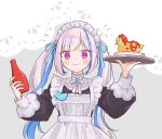  1girl alternate_costume animal-themed_food apron black_shirt blue_hair blush_stickers bottle brooch closed_mouth collared_shirt enmaided frilled_apron frills grey_background highres holding holding_bottle holding_tray jewelry ketchup_bottle lize_helesta long_bangs long_hair long_sleeves looking_at_viewer maid maid_headdress mrokr multicolored_hair name_tag neck_ribbon nijisanji pink_hair purple_eyes ribbon shirt sidelocks simple_background smile solo straight-on streaked_hair tray twintails two-tone_background two-tone_hair upper_body virtual_youtuber white_apron white_background white_ribbon 