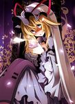  :o armband blonde_hair breasts cleavage collar curtains dress floral_print glass hat hat_ribbon head_scarf head_tilt long_sleeves looking_at_viewer medium_breasts mob_cap petals purple_eyes ribbon rondo_umigame solo steam tabard touhou wide_sleeves yakumo_yukari 