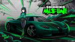  1girl artist_name black_jacket black_pants brown_eyes car character_name commission copyright_name crossed_arms english_commentary facebook_logo facebook_username green_footwear green_hair green_jacket green_theme highres imrinzlergtz_art instagram_logo instagram_username jacket koenigsegg_(automobile) koenigsegg_cc850 logo_parody love_live! love_live!_nijigasaki_high_school_idol_club mifune_shioriko mixed-language_commentary motor_vehicle multicolored_clothes multicolored_jacket need_for_speed need_for_speed_unbound pants shoes smile sneakers solo spanish_commentary spoiler_(automobile) sports_car track_jacket twitter_logo twitter_username two-tone_jacket vehicle_focus 