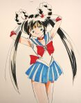  1girl arms_up back_bow bishoujo_senshi_sailor_moon black_hair blue_sailor_collar blue_skirt bow bowtie choker circlet cosplay crescent crescent_choker crescent_earrings crossover earrings elbow_gloves gloves green_eyes highres jewelry long_hair looking_at_viewer magical_girl mamono_hunter_youko mano_youko miniskirt miyao_gaku parody red_bow red_bowtie red_choker sailor_collar sailor_moon sailor_moon_(cosplay) sailor_senshi sailor_senshi_uniform simple_background skirt smile solo standing style_parody traditional_media twintails white_background white_gloves yin_yang 