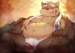 absurd_res anthro balls bodily_fluids canid canine canis domestic_dog eyes_closed flaccid foreskin genitals hi_res humanoid_genitalia humanoid_penis lifewonders male mammal moritaka musclegut muscular nipples overweight overweight_male penis scar solo starfire_f sweat tokyo_afterschool_summoners towel