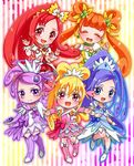  absurdres aida_mana blonde_hair blue_bow blue_eyes blue_hair boots bow chibi choker closed_eyes cure_ace cure_diamond cure_heart cure_rosetta cure_sword dokidoki!_precure earrings green_choker hair_ornament hair_ribbon heart highres hishikawa_rikka jewelry kenzaki_makoto madoka_aguri magical_girl multiple_girls orange_hair pink_bow pink_eyes pink_footwear pink_sleeves ponytail precure purple_choker purple_eyes purple_footwear purple_hair purple_skirt red_eyes red_hair red_skirt ribbon skirt spade_(shape) spade_hair_ornament twintails yotsuba_alice yupiteru 