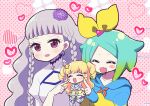  3girls :d ^_^ blonde_hair blue_hair blue_hoodie blunt_bangs blush bow braid cheek_poking closed_eyes clothing_cutout commentary_request earrings fang flower gradient_hair green_hair grey_hair grey_shirt hair_bow hair_flower hair_ornament hand_up heart highres hood hood_down hoodie idol_land_pripara idol_time_pripara jewelry koda_michiru kokichi_yoko long_hair long_sleeves looking_at_another miichiru_(pripara) mini_person minigirl multicolored_hair multiple_girls nijiiro_nino open_mouth pink_background poking pretty_series pripara purple_eyes purple_flower shirt short_hair smile twin_braids two_side_up upper_body very_long_hair wavy_hair yellow_bow yumekawa_yui 