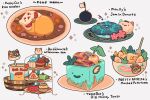  animal-themed_food arrow_(symbol) astrosleep bee_and_puppycat cat commentary cupcake dessert doughnut english_commentary eyeball flower food food_focus food_request hardboiled_egg highres ice_cream mashed_potatoes no_humans omelet omurice pink_flower pouring pretty_patrick pudding simple_background sparkle tempbot white_background 