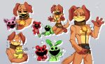 anthro belt blood blood_on_mouth bodily_fluids canid canine canis collar dogday_(poppy_playtime) domestic_dog eyes_closed group hi_res holding_another holding_object male mammal miss_inky poppy_playtime smile smiling_critters