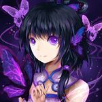  alternate_eye_color bare_shoulders black_hair bug butterfly dark_background hair_ornament hair_rings highres insect light_smile luo_tianyi purple_eyes short_hair short_hair_with_long_locks solo vocaloid vocanese vowscat 