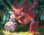  :o blue_eyes claws closed_mouth colored_skin commentary_request fangs forest highres humanoid_robot magearna magearna_(normal) nature no_humans on_grass open_mouth outdoors pokemon pokemon_(creature) red_eyes red_skin robot rongai28 skin_fangs sunlight tree volcanion 