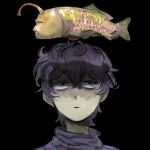  1boy bags_under_eyes black_background black_eyes commentary_request constricted_pupils crossover fish highres human_head jack-o&#039;_ran-tan looking_at_creature looking_up male_focus napoli_no_otokotachi open_mouth oshisu_(pentagon_2_15) portrait purple_hair seaman seaman_(game_character) shadow short_hair simple_background solo straight-on turtleneck 