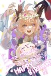  4girls ahoge aloupeep_(enna_alouette) blonde_hair blush braid character_name confetti dated dress english_text enna_alouette enna_alouette_(3rd_costume) ethyria hair_between_eyes happy_birthday head_wings head_wreath highres holding ltanuki333 medium_hair multicolored_hair multiple_girls nijisanji nijisanji_en open_mouth plaid plaid_dress purple_eyes sparkle streaked_hair twin_braids wings 