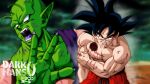  2boys antennae black_eyes black_hair blood blood_from_mouth commentary darkhans0 deep_wound dragon_ball dragon_ball_(classic) english_commentary fangs half-closed_eyes highres injury male_focus multiple_boys muscular open_mouth orange_pants pants piccolo pointy_ears son_goku topless_male 