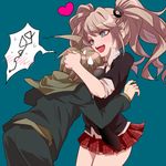  1girl ahoge blue_eyes blush breast_smother brown_hair danganronpa danganronpa_1 enoshima_junko eyelashes gyaru hair_ornament heart hetero hood kogal long_hair long_sleeves naegi_makoto natsuhachi necktie open_mouth pink_hair pleated_skirt simple_background skirt sleeves_rolled_up spoilers sweatdrop sweatshirt twintails 