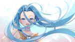  1girl blue_eyes blue_hair commentary dress granblue_fantasy hase_neet highres long_hair looking_at_viewer lyria_(granblue_fantasy) open_mouth solo upper_body white_background white_dress wind 