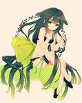  bikini black_bikini frilled_bikini frills gatchaman_crowds green_eyes green_hair leg_garter long_hair looking_at_viewer shougo_kota simple_background sitting solo swimsuit utsutsu very_long_hair 